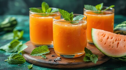   Three watermelon juices on cutting board with mint and watermelon slice