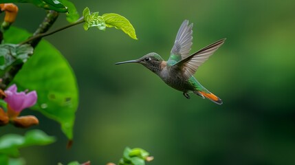 Fototapeta premium A hummingbird flying through a lush green forest