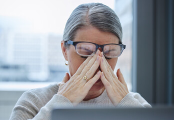 Stress, headache and mature woman in office with burnout or fatigue from challenge in business....