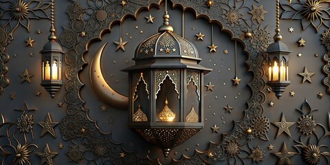 Traditional islamic culture symbols on dark background with text area and islamic lanterns against an arabic moon, perfect for ramadan, eid mubarak and eid al adha celebrations