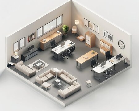 Isometric office layout flat design front view modern workplace theme Monochromatic Color Scheme