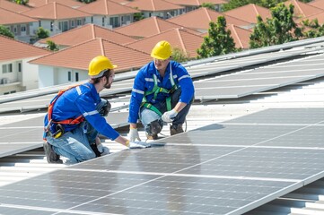 Two solar panel workers installing solar panels on a roof.