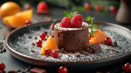   A chocolate cake with raspberries on top surrounded by fruit and chocolate shavings on a plate