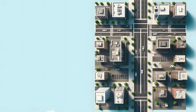 A bird's-eye view of a city plan displayed in flat lay, showing structured streets lined with green trees and modern buildings, offering ample copy space for urban design concepts.