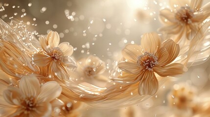   A close-up shot of several flowers, featuring droplets of water on their petals and in the center of them