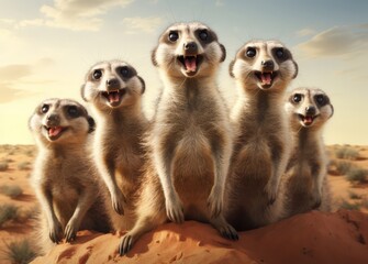 A pack of meerkats standing on lookout on top of their mound
 - Powered by Adobe