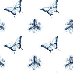 Monochrome seamless pattern with butterflies and flowers. Blue indigo irises and swallowtails. Hand drawn watercolor illustration on transparent background for bedding, wallpapers, clothes prints