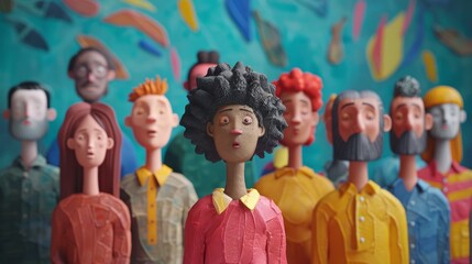Naklejka premium A group of diverse people of different races and ethnicities stand together against a colorful background
