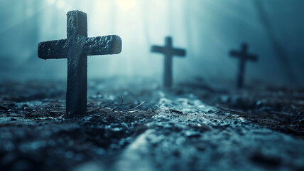 Mysterious cemetery crosses..A somber and evocative image of cemetery crosses in the mist, conveying a sense of mystery and solemnity. AI generative.. - Powered by Adobe