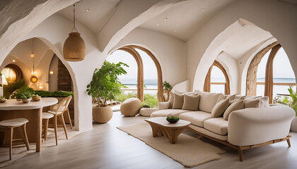 Realistic photo of modern take on Bali inspired by small white and cream apartment with low ceilings.3