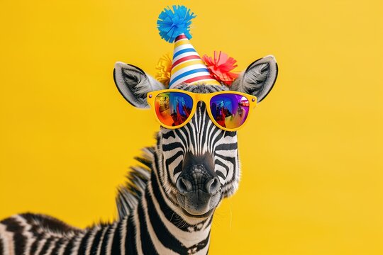 Zebra Wearing Party Hat and Sunglasses
