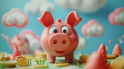 A pink piggy bank stands in a field of money. The background is a blue sky with white clouds. The piggy bank has big eyes and a smile on its face.