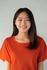 Fototapeta premium Happy young woman in red..A cheerful young Asian woman smiles broadly in a casual red top, radiating positivity and warmth. AI generative..