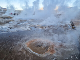 Tatio Geyser, Atacama Desert, Chile. Geyser steam in the desert