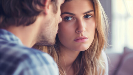 Young couple looking tense..An intimate portrait of a young couple in a serious discussion, showing tension and emotional depth. AI generative..