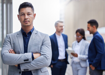 Businessman, people and portrait outdoor in city with entrepreneurs for investment in corporate company with confidence. Man or investor, team and arms crossed for professionalism and pride.