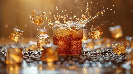   A glass of cola with ice cubes spilling onto a mound of coffee beans