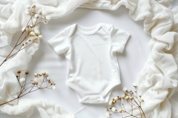 Serene White Baby Onesie with Cotton Sprigs on Soft Fabric Background