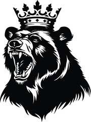 Obraz premium Roaring Bear King Vectors illustration isolated on a white background. Bear wearing the royal crown. Grizzly Bear King tattoo design.