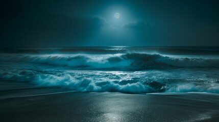 A striking long exposure shot of vibrant ocean waves illuminated by moonlight, creating a surreal and ethereal atmosphere. Dynamic and dramatic composition, with copy space