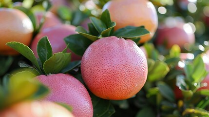   A close-up of a cluster of oranges on a tree, surrounded by green foliage, and the orange fruit visible in the distance