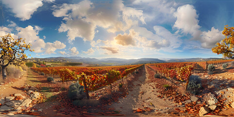 A 360 panoramic vr photo of a A vineyard with the sun shining on the horizon
