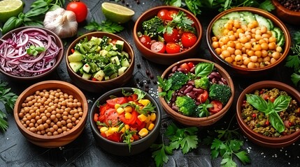   Table with bowls of diverse vegetables arranged side by side