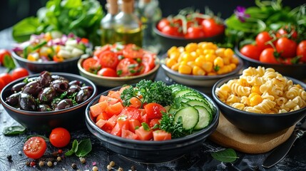   A wooden cutting board topped with bowls of various pasta and vegetables