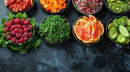   A table topped with bowls filled with different types of fruits and vegetables on a black surface