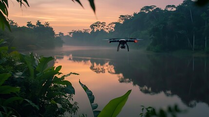 A drone hovers over deep water in the jungle at dusk