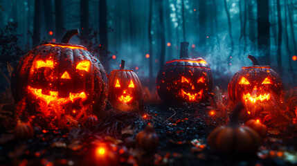 Spooky Halloween Background with Pumpkins and Haunted House
