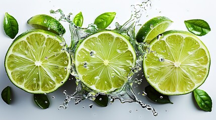  Limes sliced in half, splashing with water, and topped with green leaves