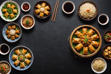 Chinese food dark background. Chinese noodles, fried rice, dumplings, peking duck, dim sum, spring rolls. Famous Chinese cuisine dishes set. Space for text. Top view. Chinese restaurant concept