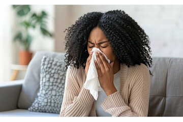 Woman using tissue to manage cold symptoms during the allergy season and battling allergies
