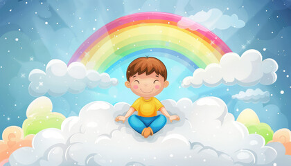 Naklejka premium A boy is sitting on a cloud and smiling by AI generated image