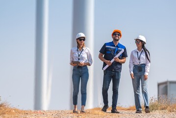 engineer team inspection check control wind power machine construction installation in wind energy...