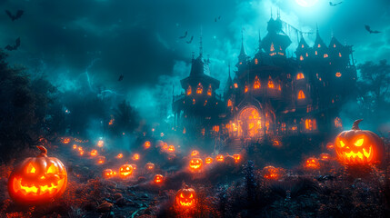 Eerie Pumpkins at the Steps of a Haunted Mansion
