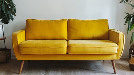 Minimalist modern living room design with yellow sofa and fireplace, home interior decor inspiration