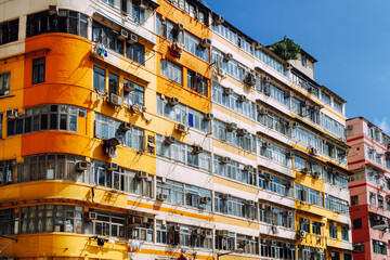 Colorful Urban Residential Building Facade in Daylight, Hongkong