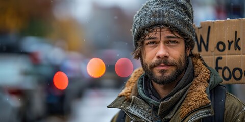 Young sad laid-off man holding sign saying "work for food" as he loses job due to emergence of generative artificial intelligence and has financial difficulties，Unemployed Man Holding Sign "Working 
