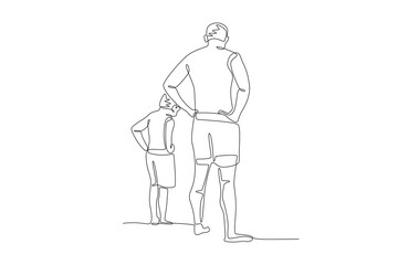 Son and father on the beach. Summer concept one-line drawing