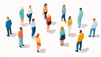 a group of people standing in a line in different colors and sizes,all facing different directions