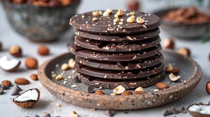   An image of a plate with a tower of chocolate chip cookies, dusted with powdered sugar, arranged neatly beside a bowl of mixed nuts and chocolate chips - Powered by Adobe