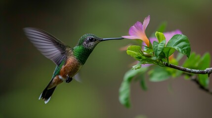 Obraz premium A hummingbird flying through a lush green forest
