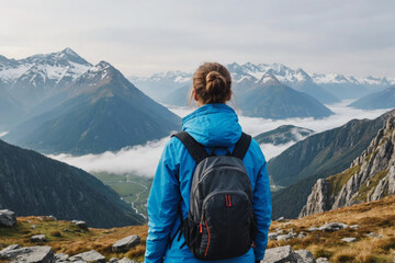 Back view of calm tranquil woman well equipped in bright blue jacket with backpack standing on top and looking at grey valley and mountains in mist