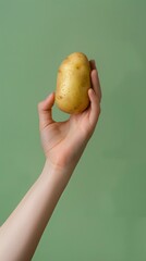 modern composition man holding a round shaped potato firmly clenched inside his hand studio shot on clean clear background