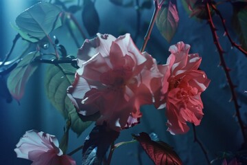 Beautiful Pink Flowers in a Dark Room with Soft Light Streaming from Above, creating a Serene Atmosphere - Powered by Adobe