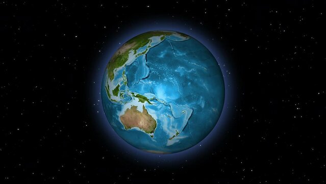 The earth rotates against the background of the starry sky. Animation of the rotation of planet Earth. 3D render.