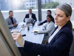 Board, mature woman or business people in presentation for solution, weekly meeting or writing...