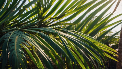 Sunlit Palm, Photo Capturing Sun Rays Filtering Through Lush Green Palm Leaves, Evoking Beach Summer Vibes